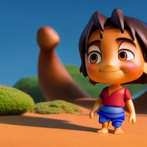 Prompt: aladdin's genius of the lamp as nendoroid walking in a desert in the croods movie style, anime, disney, pixar, 8 k, hd, dof, kodak film, volumetric lighting, subsurface scattering, photorealistic, octane render, details