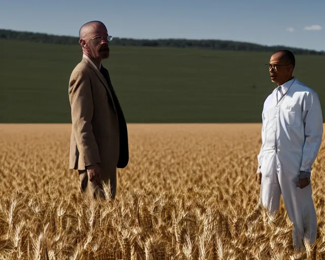 Image similar to extreme long shot of walter white and gustavo fring standing facing each other from a distance in a wheat field, low angle, side view, perfect angle, 8 5 mm photograph, 8 k resolution, wide shot, sharp lens, high detail, cinematic