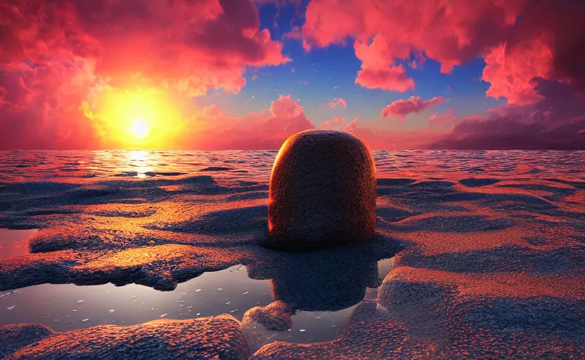 Prompt: a cubic cup of coca-cola with small gas bubbles on a rock near the sea at sunset, anime style, 8k hdr, hyperrealistic, highly detailed, high quality, high coherence, godrays, complementary colours, turbulent sea, path tracing, breathtaking landscape, cinematic lighting, concept art, trending on Artstation