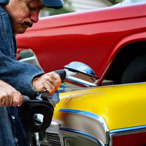 Image similar to a close-up high quality photo of a man about to pump gas into an old Buick, mid day, William Eggleston style