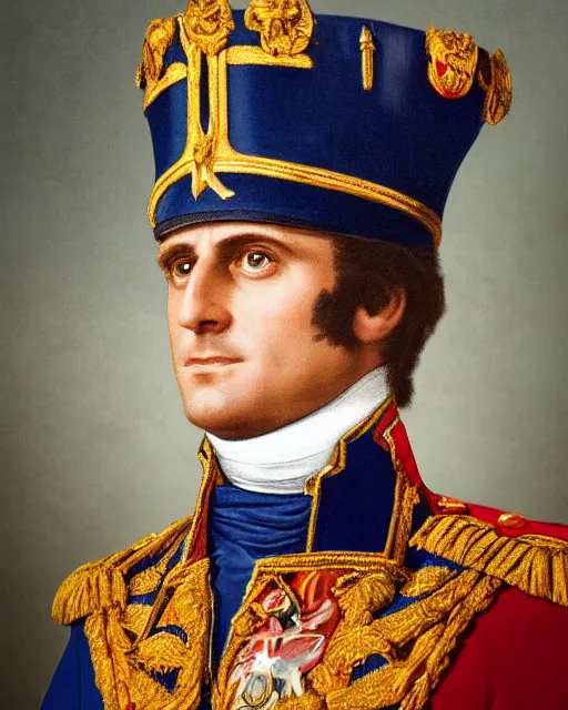 Prompt: a portrait photograph of Emmanuel Macron as Emperor Napoleon, DSLR photography