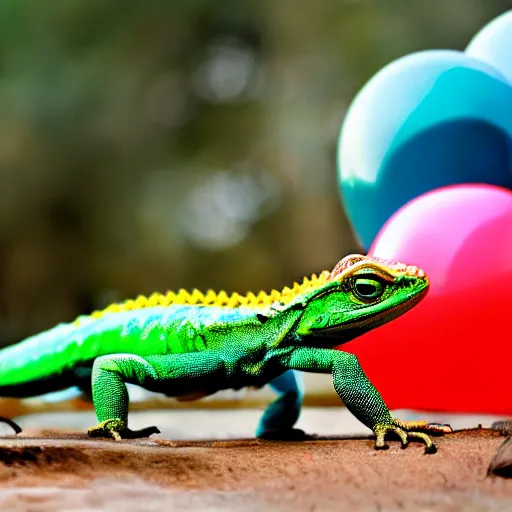 Image similar to Hillary Clinton lizard looking at brightly colored balloons, photo, detailed, 4k