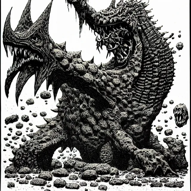 Image similar to オクタロック spitting rocks, as a d & d monster, pen - and - ink illustration, etching, by russ nicholson, david a trampier, larry elmore, 1 9 8 1, hq scan, intricate details, high contrast