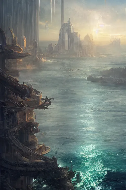 Image similar to magnificent view of the city of atlantis rising on the sea, intricate, elegant, volumetric lighting, digital painting, highly detailed, artstation, sharp focus, illustration, concept art, ruan jia, steve mccurry