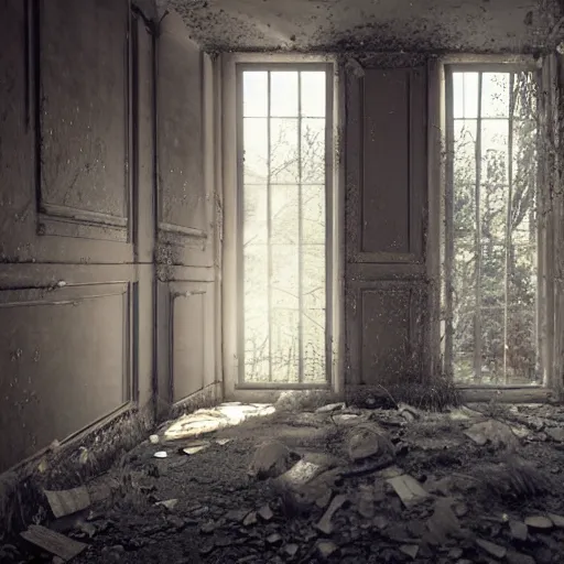 Prompt: a mirror room, full of mirrors, dark, inside abandoned house, 3d render, dynamic light, unreal engine, beautiful Concept art