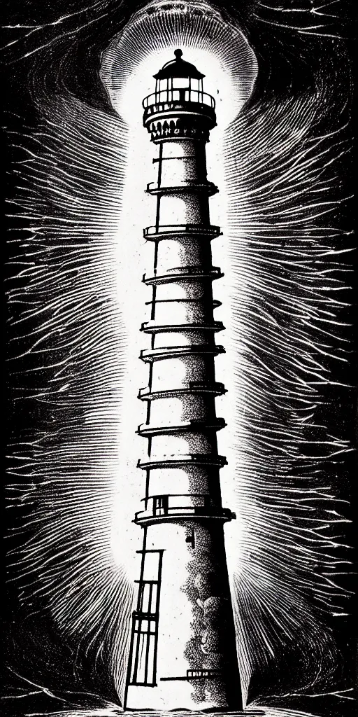 Image similar to an epic lighthouse radiates a unique canto'as above so below'while being ignited by the spirit of haeckel and robert fludd, breakthrough is iminent, glory be to the magic within, in honor of saturn, painted by ronny khalil