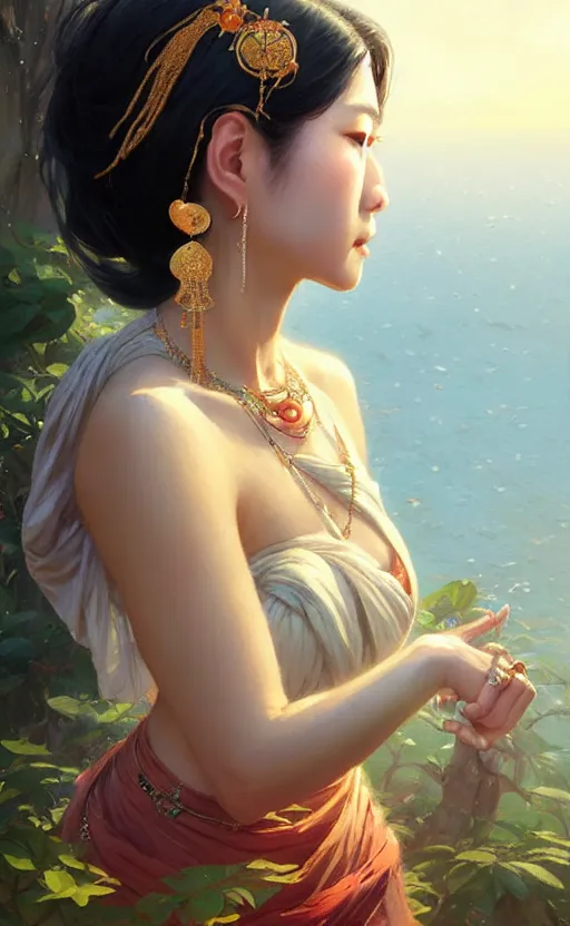 Image similar to a beautiful taiwan goddess with sundress with jewelry | | winter, realistic shaded, unpleasant face, good looking, fine details, realistic shaded lighting poster by greg rutkowski, magali villeneuve, artgerm, jeremy lipkin and michael garmash and macoto takahashi