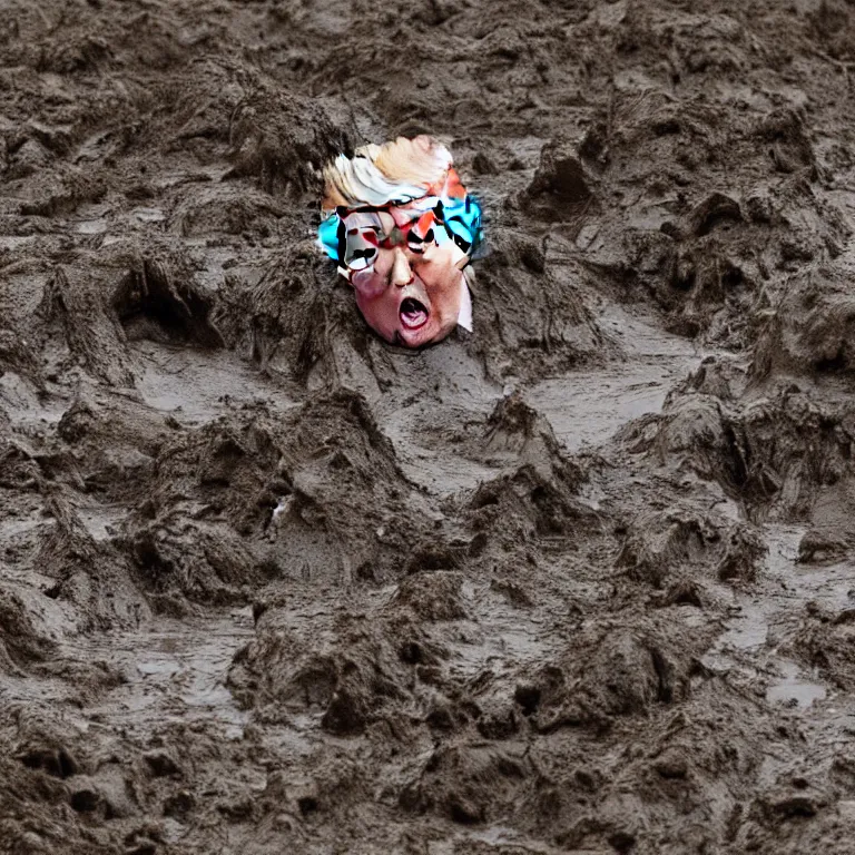 Prompt: flash photograph of Donald Trump wallowing in a mud pit. He is very angry and shouting.