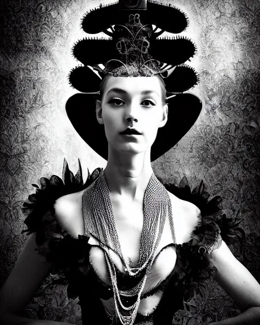 Image similar to a black and white high quality dreamy photo of a young beautiful female queen-silver dragon-vegetal-flower-cyborg black lace veiled bust with a very long steampunk cyborg neck, elegant, highly detailed, poetic, soft, dreamy, mysterious, high fashion, in the style of Horst P. Horst, Metropolis, Realistic, Refined, Digital Art, Highly Detailed, Cinematic Lighting, rim light, black and white, photo-realistic, 8K