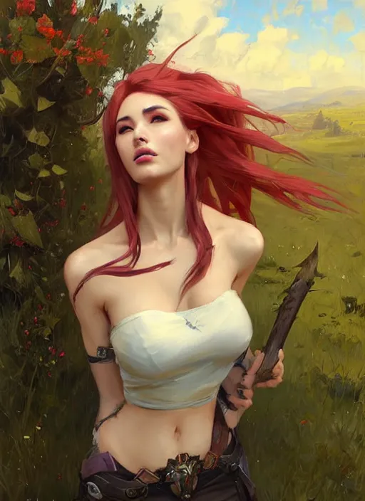 Prompt: portrait of Katarina from League of Legends after work, countryside, calm, fantasy character portrait, dynamic pose, above view, view from above, sunny day, thunder clouds in the sky, artwork by Jeremy Lipkin and Giuseppe Dangelico Pino and Michael Garmash and Rob Rey, very coherent symmetrical artwork, sharp edges, perfect face, simple form, 100mm
