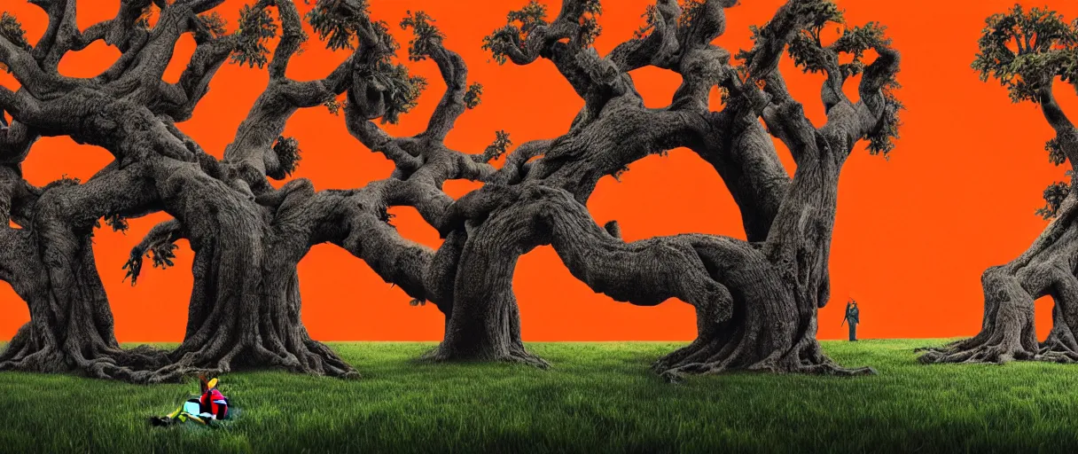 Prompt: hyperrealistic hyper detailed 35mm portrait of cyborg nuns tangled into a giant oak tree matte painting concept art key sage jeff koons very dramatic orange lighting low angle hd 8k sharp shallow depth of field
