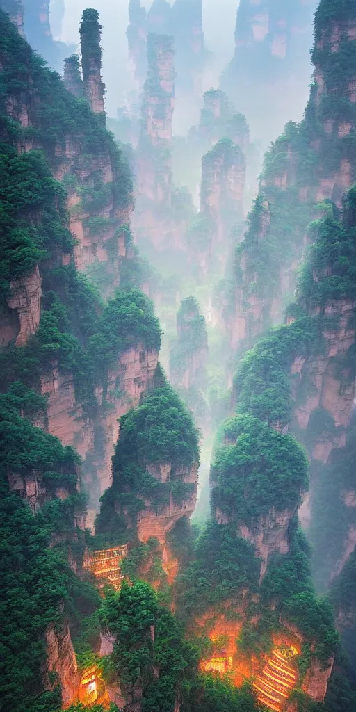Image similar to zhangjiajie national forest park by dan mumford, artstation, behance, highly detailed, concept art, dramatic lighting