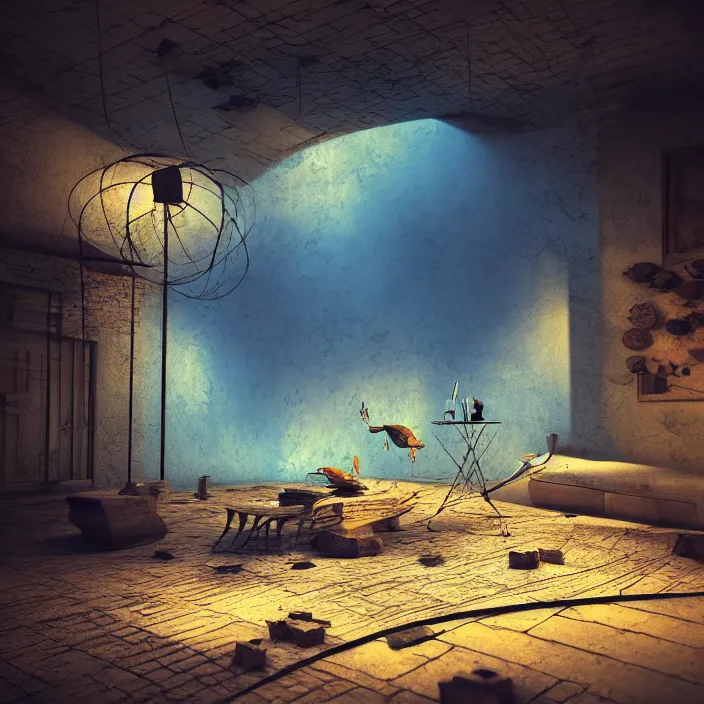 Prompt: abstract scene surreal _ environment _ by _ salvador _ dali _ highly _ detailed _ 3 _ d _ render _ vray _ octane _ realistic _ lighting _ photo