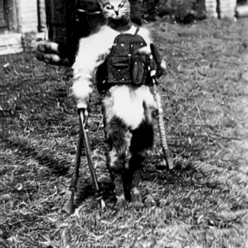 Prompt: man - cat with black and white fur operating flamethrower in world war one, old photograph