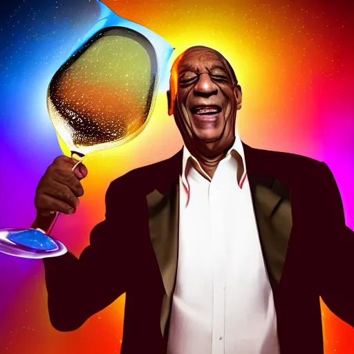 Prompt: young Bill Cosby laughing with large glowing martini glass, in nightclub background, colorful 16k hyper realistic digital art