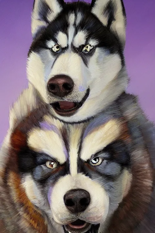 Image similar to a portrait painting of a husky in cowboy costume, character design, anime, furry