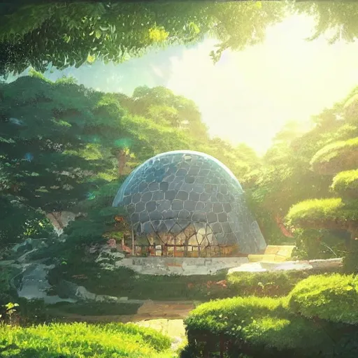 Image similar to geodesic dome with gardens and waterfall, gapmoe kuudere moody lighting stunning bokeh highlights sharp contrast | trending pixiv fanbox | by greg rutkowski makoto shinkai takashi takeuchi studio ghibli