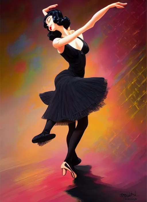 Image similar to a beautiful dancer with black hair in 1940's fashion, ballroom background, intricate, highly detailed, digital painting, artstation, official media, anime key visual, concept art, rich vivid colors, ambient lighting, sharp focus, illustration, art by Artgerm, Makoto Shinkai, Ilya Kuvshinov, Lois Van Baarle, and Rossdraws