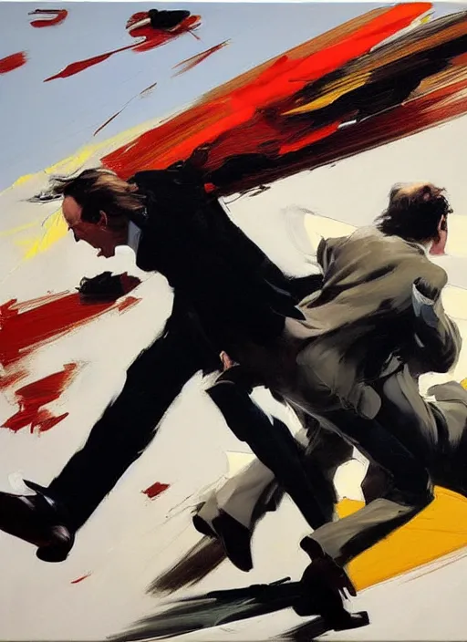 Image similar to slipping, saul goodman, screaming, slipping and flying, falling, flailing painting by phil hale, fransico goya,'action lines '!!!, graphic style, visible brushstrokes, motion blur, blurry