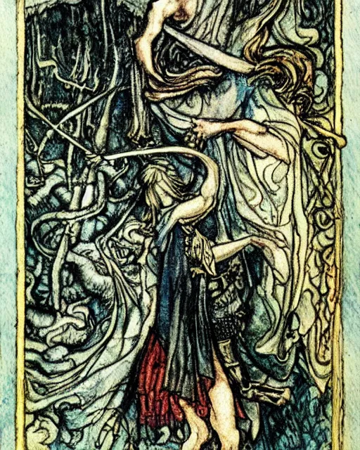 Image similar to tarot card detailed painting, illustration, tarot card framing with roman numbers, in style of Arthur Rackham