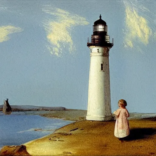 Prompt: folk horror. girl. lighthouse. murmuration. john sell cotman