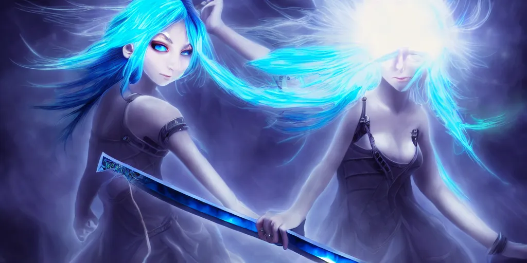 Image similar to the girl's blue hair dances with electricity, her eyes glowing with untold amount of power, her sword a blade made of light. she gazed upon the horde of monster in front of her fearlessly, with the elegance of a true knight, digital art