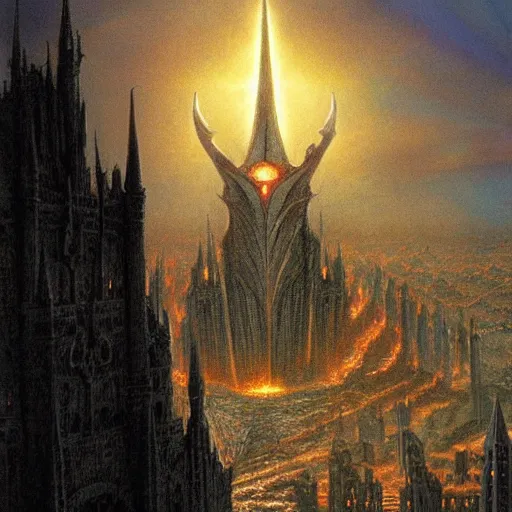 Prompt: sauron at barad - dur, by john howe and ted nasmith,