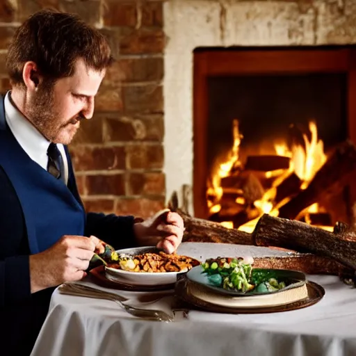 Prompt: man in a waistcoat eating dinner with a log fire on a table romantic soft focus nikon