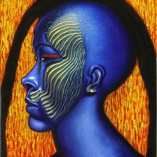 Prompt: by mati klarwein mournful biopunk. a beautiful painting of a person in profile, with their features appearing both in front of & behind their head.