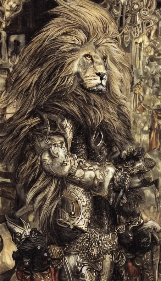 Image similar to 8 k yoshitaka amano painting of upper body of a young cool looking lion beastman with white mane at a medieval market at windy day. depth of field. he is wearing complex fantasy clothing. he has huge paws. renaissance style lighting.