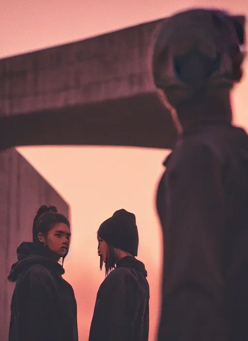 Image similar to cinestill 5 0 d photographic portrait of two loving female androids wearing rugged black techwear on a desolate plain with a red sky in front of a brutalist structure, extreme closeup, cyberpunk style, dust storm, 8 k, hd, high resolution, 3 5 mm, f / 3 2, ultra realistic faces, ex machina