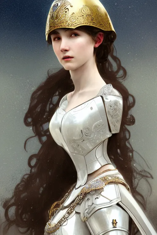 Image similar to beautiful and victorian and holy and divine and elite young medieval female white armor knight portrait +shinny eyes+front face with light flowing hair, ultradetail face, art and illustration by tian zi and craig mullins and WLOP and alphonse mucha, fantasy, intricate complexity, human structure, human anatomy, fantasy character concept, watermark, blurry, hyperrealism 8k