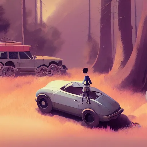 Image similar to goro fujita ilustration hikers parking the car in the forest, characterized by masamune shirow and greg rutkowski, character art, focus, highly detailed, artstation