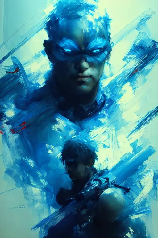 Image similar to gojo satoru, painting, beautifully glowing light blue eyes, collaborative artwork of greg ruthowski, yoji shinkawa, ruan jia, exquisitely high quality and detailed