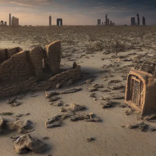 Image similar to a photo of a place where the desert meets the ocean, a ruined city in view, a survivor looks into the camera, concept art, art station - W 1024