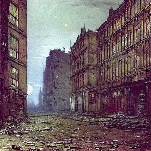 Image similar to the dead city, ruined buildings like broken teeth, John Atkinson Grimshaw