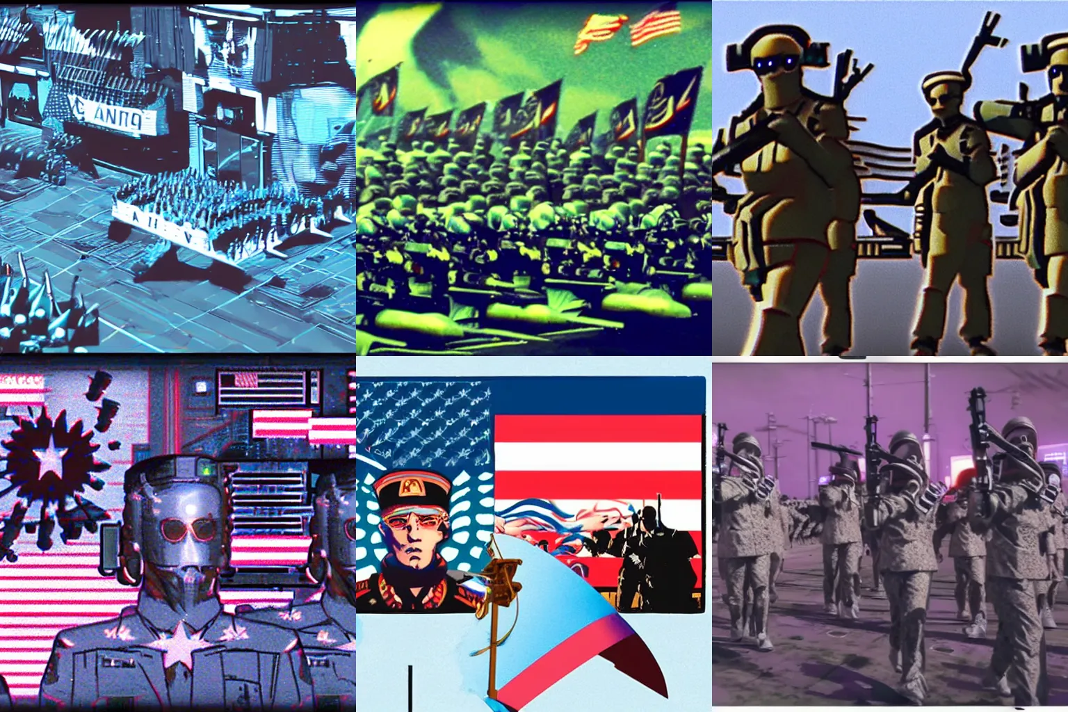 Prompt: natowave propaganda cyberpunk navy army marching analog video