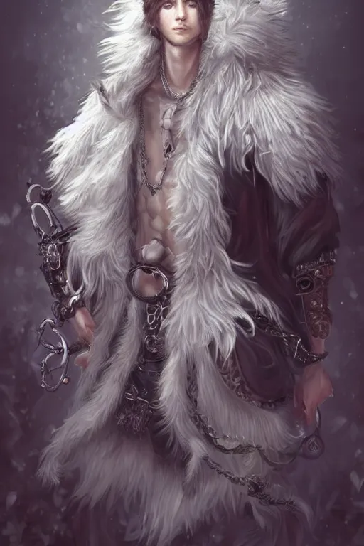 Image similar to beautiful full body portrait of a human - fluff hybrid male wizard, scaley!! white feathery skin, wearing ornaments and rings, by wlop and artgerm, steampunk fiction, detailed deep black eyes, silver background, trending, on artstation.