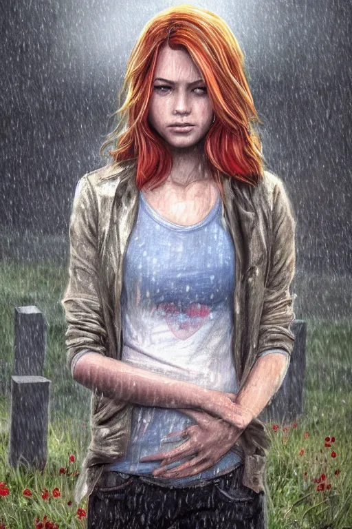 Image similar to tv scene of rachel amber from life is strange standing in a graveyard in the rain, blonde hair, red checker shirt, tired emotion, tearful eyes, highly detailed, sharp focused, ultra realistic digital concept art by Alyssa Monks, Charlie Bowater