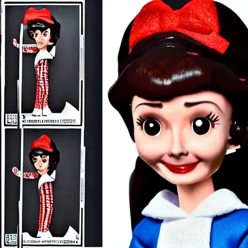 Image similar to audrey hepburn cos play walking 5 small dogs, stop motion vinyl action figure, plastic, toy, butcher billy style