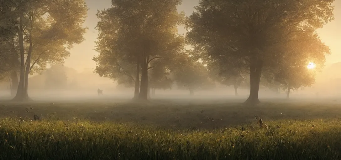 Image similar to beautiful meadow at sunrise, thin morning fog hovering close to the ground, symmetry, intricate Details, raphael lacoste, eddie mendoza, alex ross, concept art, matte painting, highly detailed, rule of thirds, dynamic lighting, cinematic, detailed, denoised, centerd, clean render