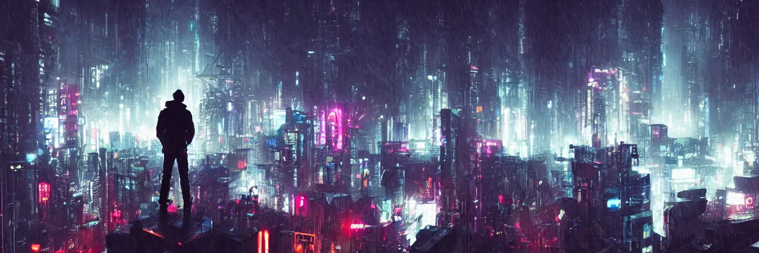 Prompt: shot of the man standing on the roof during rain, looks at impressive cyberpunk city at night during great storm, nightscape, futuristic architecture, realistic photo, neons, blade runner, akira style, cinematic lighting, cinematic angles