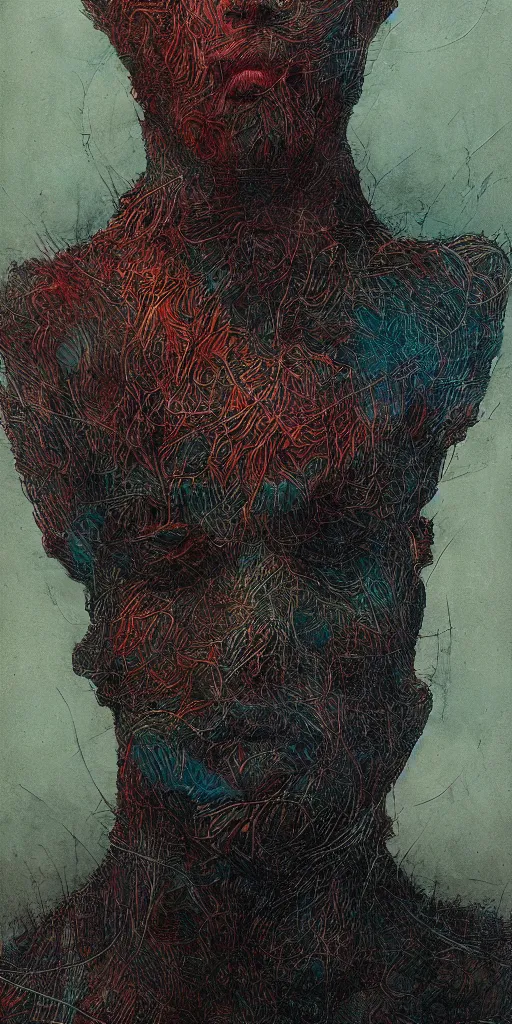 Image similar to portrait of a one man in the style of android jones and zdzislaw beksinski