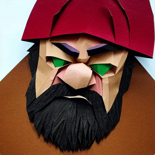 Prompt: cut paper sculpture of grumpy dwarf