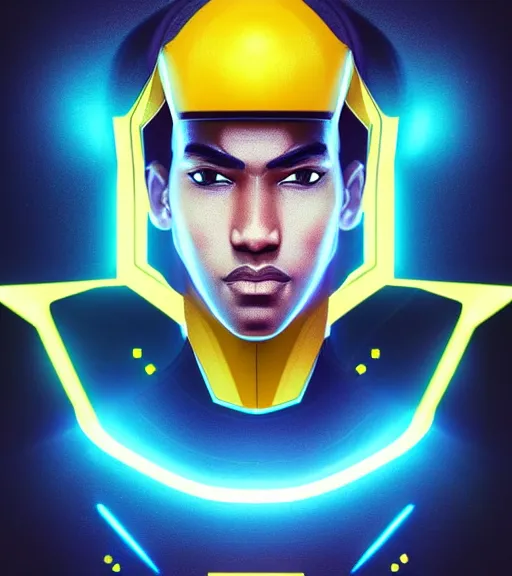 Prompt: symmetry!! yellow ranger, thunderbolt shaped viser!! solid cube of light, hard edges, product render retro - futuristic poster scifi, lasers and neon circuits, brown skin man egyptian prince, intricate, elegant, highly detailed, digital painting, artstation, concept art, smooth, sharp focus, illustration, dreamlike, art by artgerm