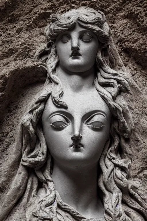 Prompt: epic view of mnemosine goddess statue sculpted in volcanic rock with silver stripes, made by antonio corradini and bernini, ultrarealistic, detailed, 8 k