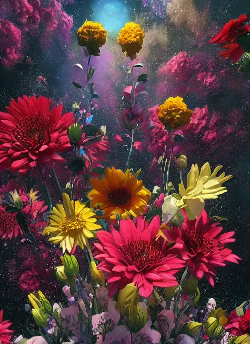 Image similar to An epic fantastic realism comic book style painting of the most beautiful flowers launched into space, bouquets, fisheye lens, unreal 5, DAZ, hyperrealistic, octane render, dynamic lighting