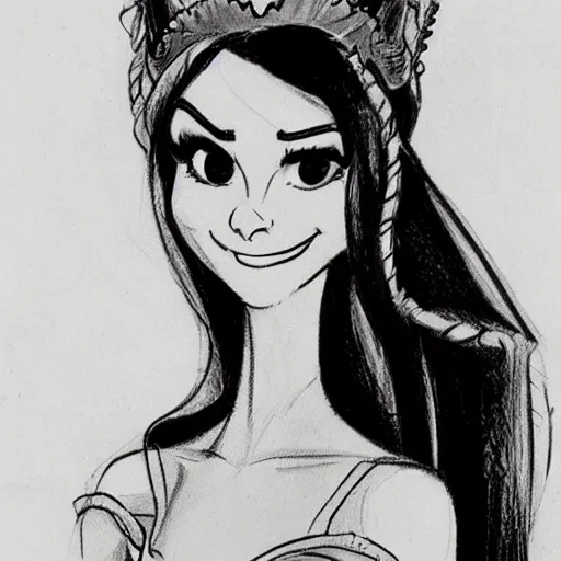 Image similar to milt kahl sketch of victoria justice as princess with hair tendrils