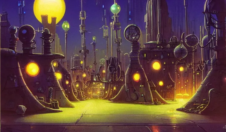 Prompt: fantasycore. magic the gathering art. street view of 1950s machinarium cityscape at night by Phillipe Drulliet and Roger Dean and Moebius. cute gigantic 1950s robots. cel-shaded. glossy painting.