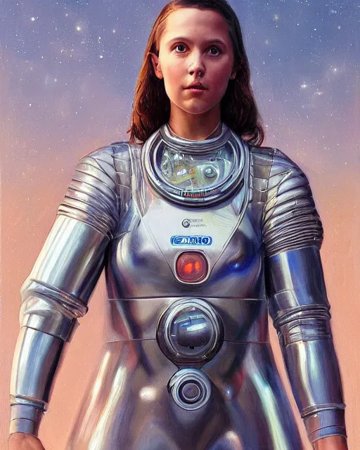 Image similar to a realistic oil painting of a girl resembling alicia vikander or millie bobby brown wearing a spacesuit in a futuristic mechanical spaceship engine, highly detailed, intricate, artstation, by donato giancola